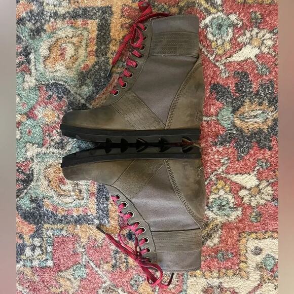 Sorel Women’s  7.5 Lexie Grey Taupe Pink Lace Up Wedge Boots Quarry NL3046-052 - Picture 5 of 8